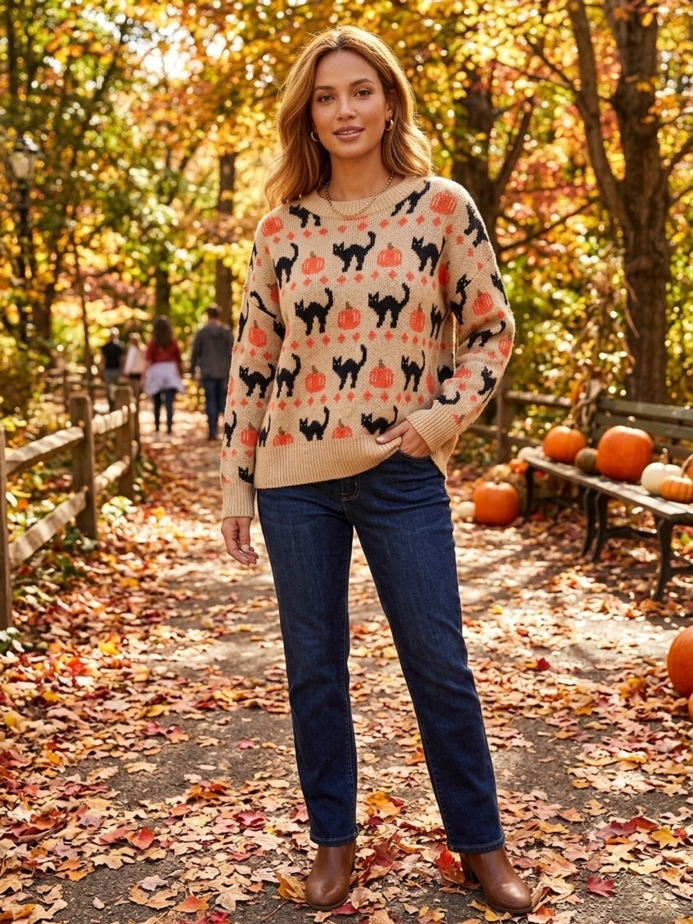 Vince Camuto Tan Knit Sweater with Black Cat & Orange Pumpkin Motifs